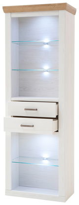 Weißes Kombi-Regal mit Holzoberfläche, Glasböden und integrierter Beleuchtung, frontale Ansicht