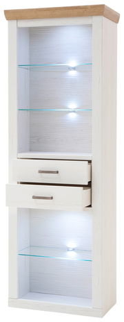 Weißes Kombi-Regal mit Holzoberfläche, Glasböden und integrierter Beleuchtung, frontale Ansicht