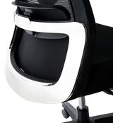 Rückansicht eines Drehstuhls mit schwarzem Netzrücken und verchromtem Rahmen.