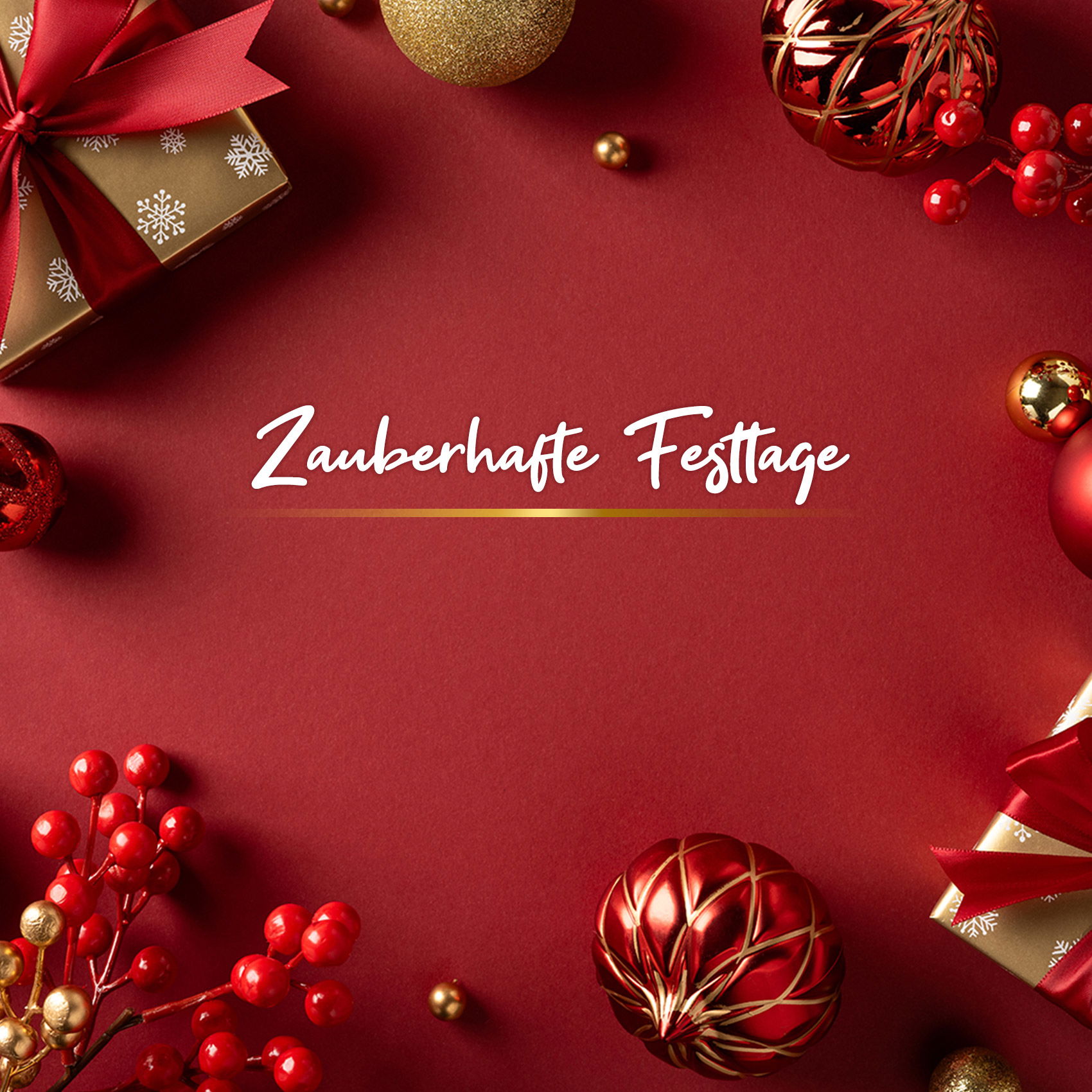 Festlicher roter Hintergrund mit Weihnachtskugeln, Geschenken und der Aufschrift „Zauberhafte Festtage“.
