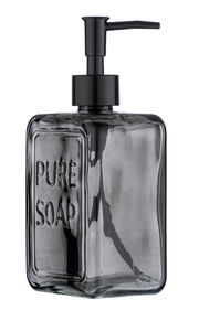 Grauer Seifenspender mit der Aufschrift 'PURE SOAP', seitliche Perspektive