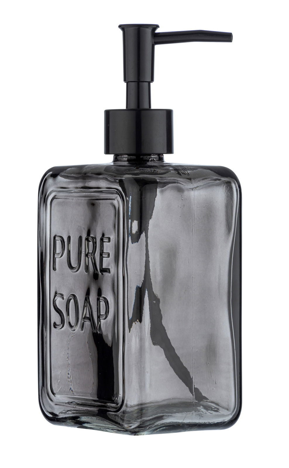 Grauer Seifenspender mit der Aufschrift 'PURE SOAP', seitliche Perspektive