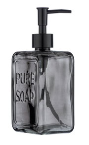 Grauer Seifenspender mit der Aufschrift 'PURE SOAP', seitliche Perspektive