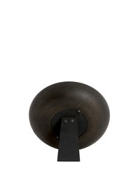 Rückansicht einer runden, dunklen Uhr mit einem stabilen Standfuß.