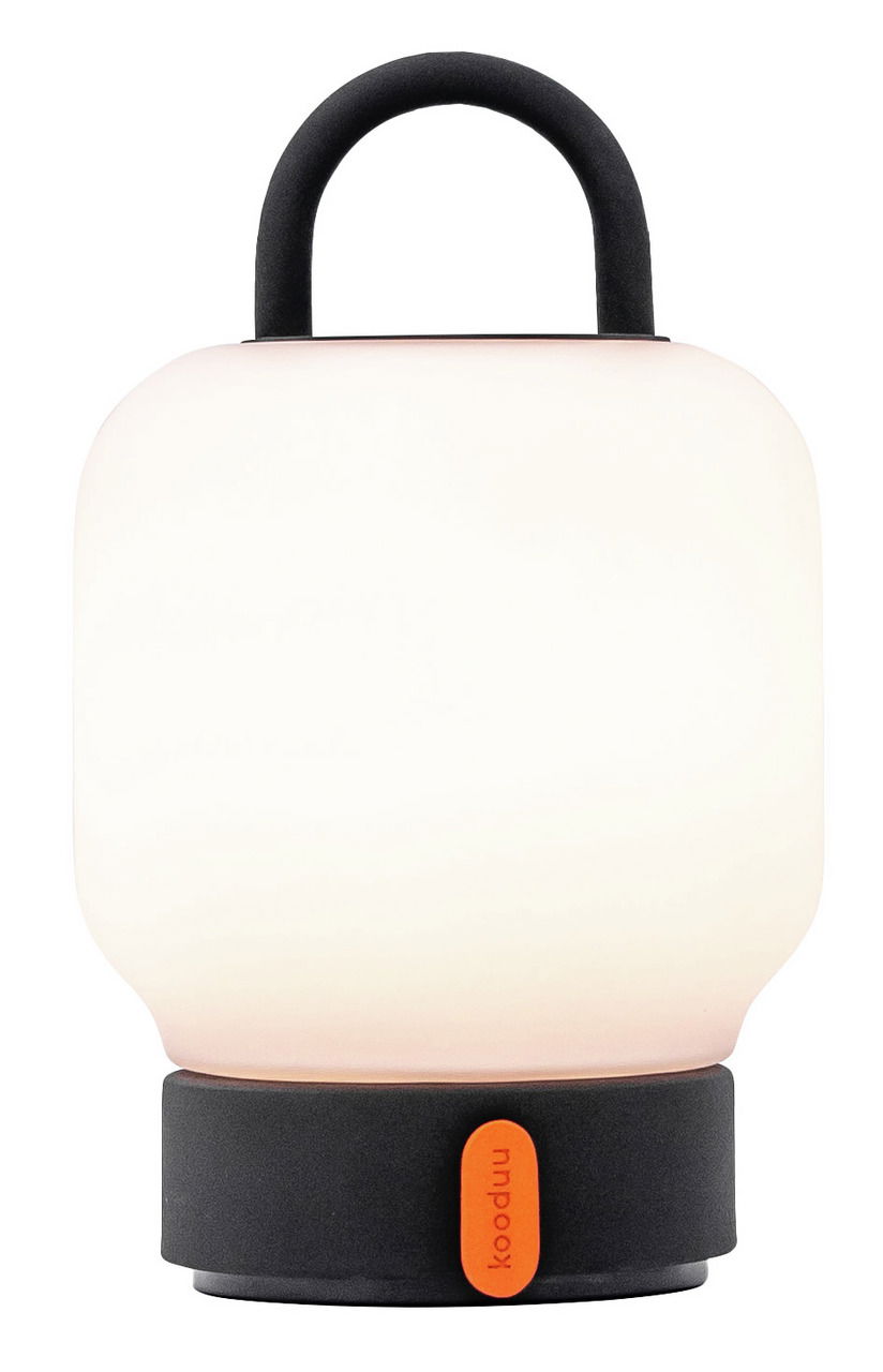 Tragbare Lampe mit anthrazitfarbenem Sockel und Griff, frontal abgebildet.