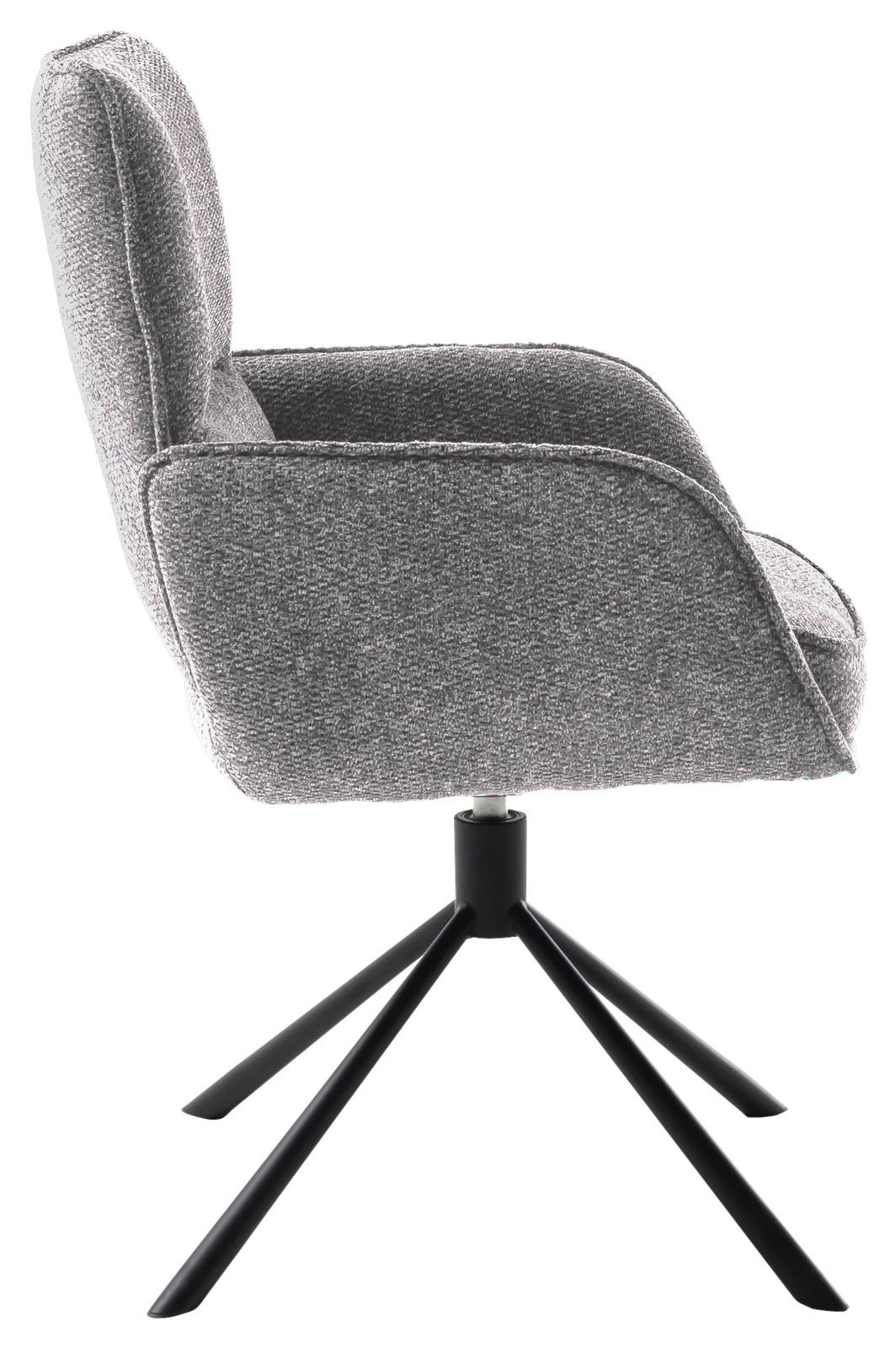 Grauer Armlehnstuhl mit schwarzem Metallgestell, Seitenansicht