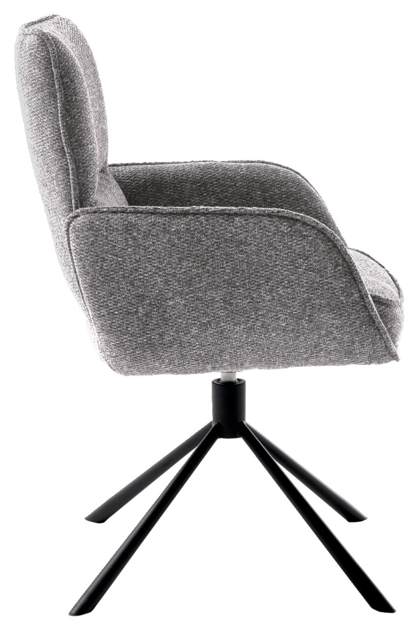 Grijze fauteuil met zwart metalen frame, zijaanzicht