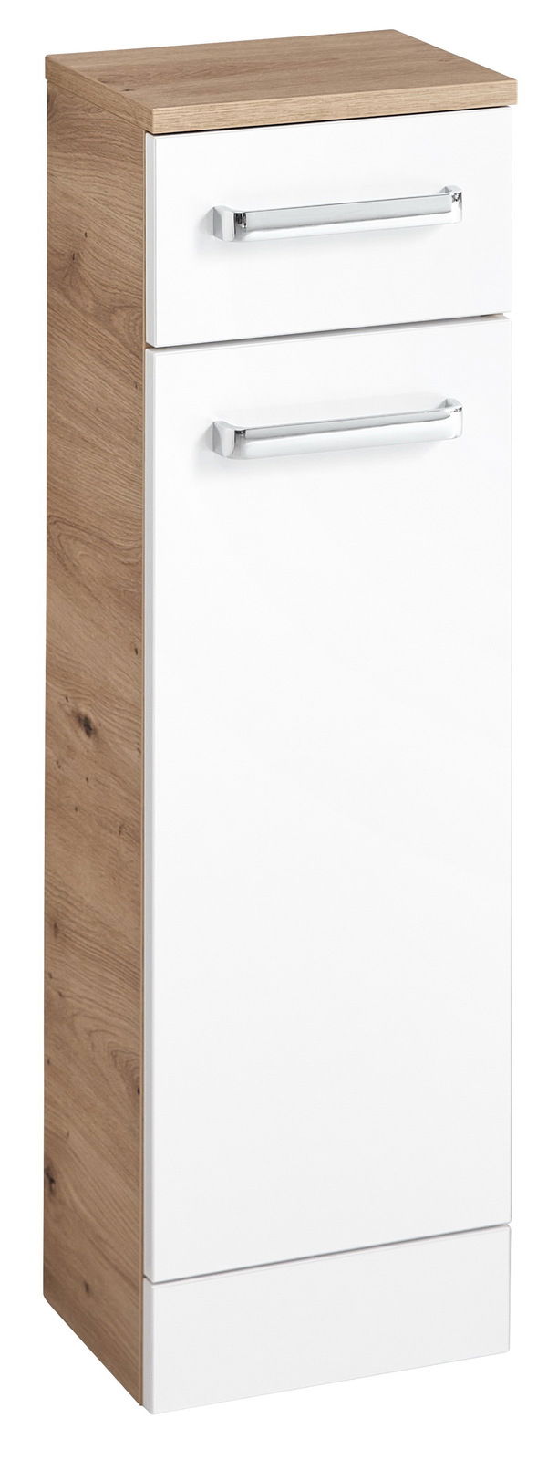 Moderner Unterschrank mit Holzoptik und weißer Front, seitliche Perspektive