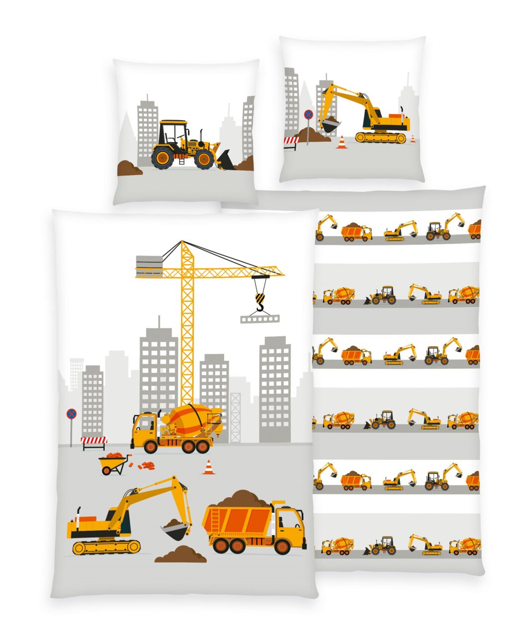 Renforcé-Bettwäsche mit Baustellenmotiven, darunter Bagger, Kran und Lastwagen, in einer städtischen Umgebung. Draufsicht auf das Set.