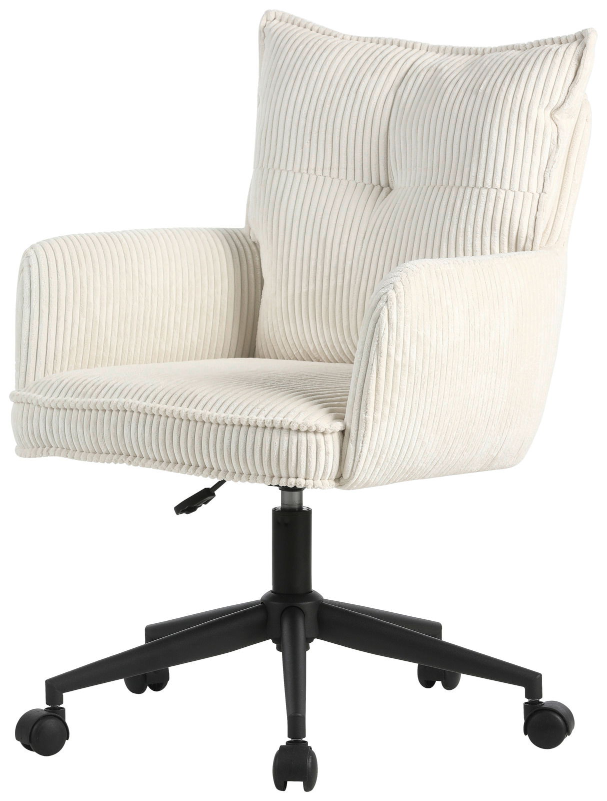 Beiger Drehstuhl mit geripptem Stoffbezug, Armlehnen und schwarzem Fußkreuz auf Rollen, seitliche Perspektive