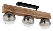 Moderne Deckenleuchte mit drei kugelförmigen Glühbirnen, montiert an einem rechteckigen Holzbalken, seitliche Perspektive.
