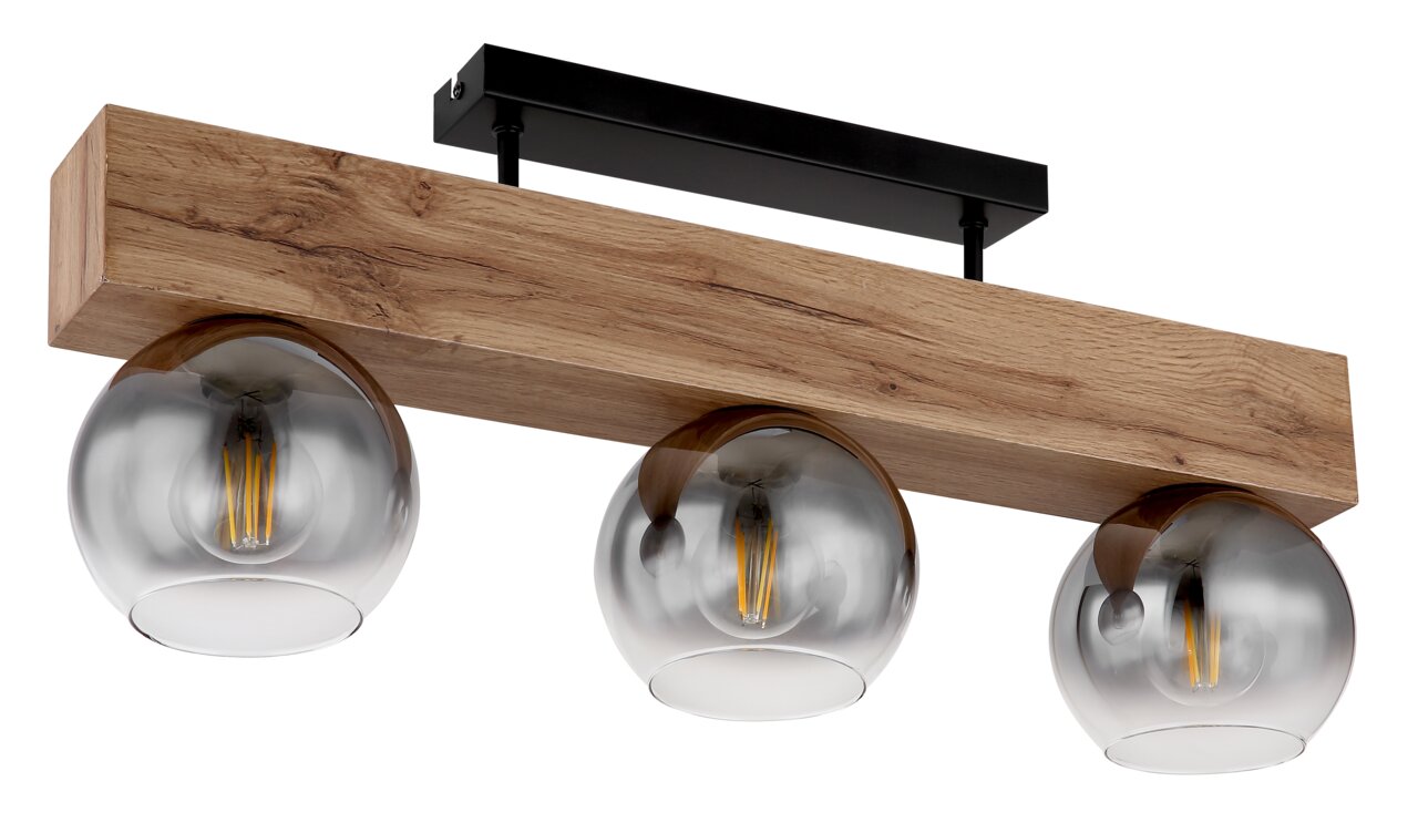 Moderne Deckenleuchte mit drei kugelförmigen Glühbirnen, montiert an einem rechteckigen Holzbalken, seitliche Perspektive.