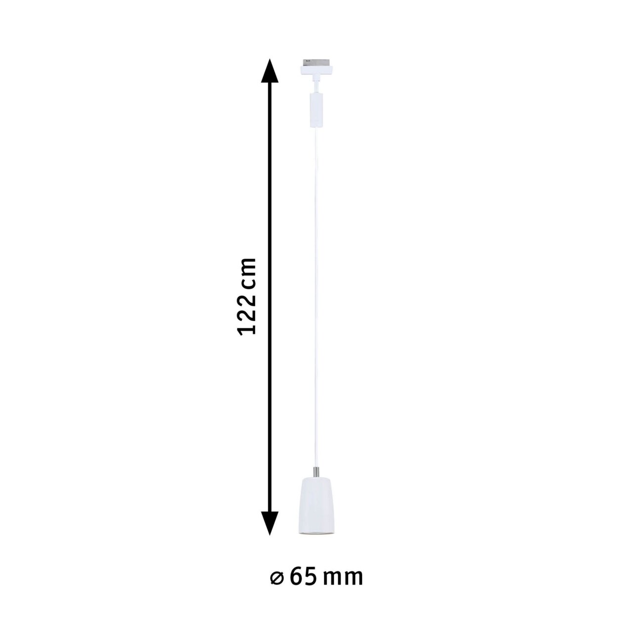 Weißes Schienenpendel Cover, 122 cm lang, 65 mm Durchmesser, seitliche Ansicht