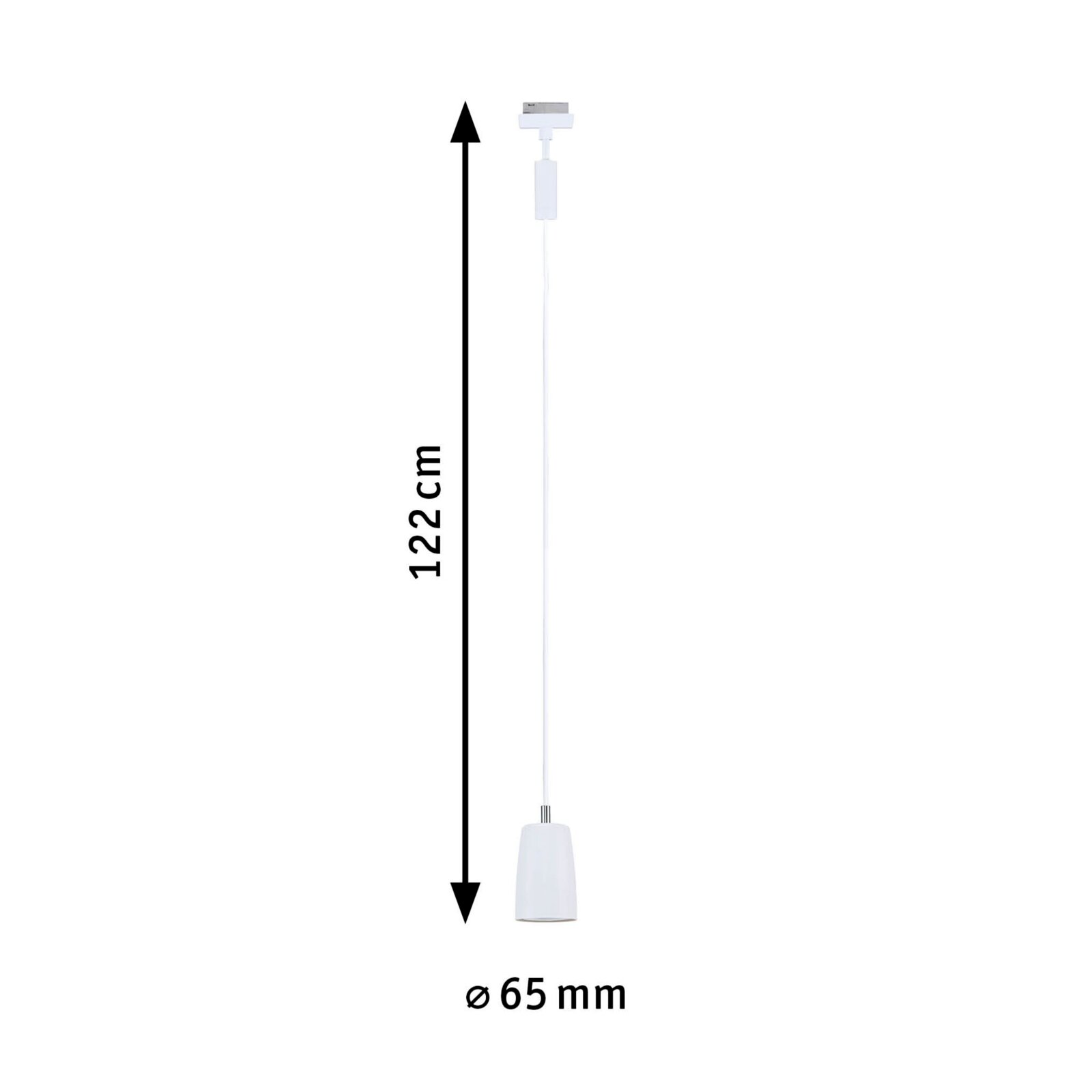 Witte railpendelhoes, 122 cm lang, diameter 65 mm, zijaanzicht