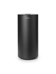 Schwarzer, zylindrischer Toilettenrollenspender aus Metall, frontal fotografiert.