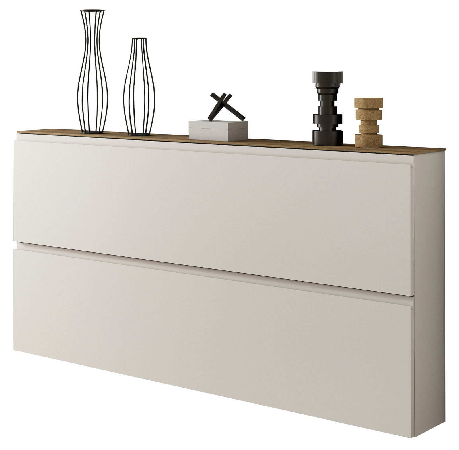 Moderano XL-Hängeschuhschrank LECCO Moderner XL-Hängeschuhschrank mit zwei Schubladen, dekoriert mit minimalistischen Vasen und Objekten auf der Oberseite, seitliche Perspektive.