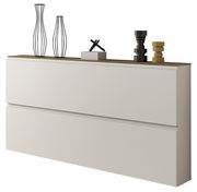 Moderner XL-Hängeschuhschrank mit zwei Schubladen, dekoriert mit minimalistischen Vasen und Objekten auf der Oberseite, seitliche Perspektive.