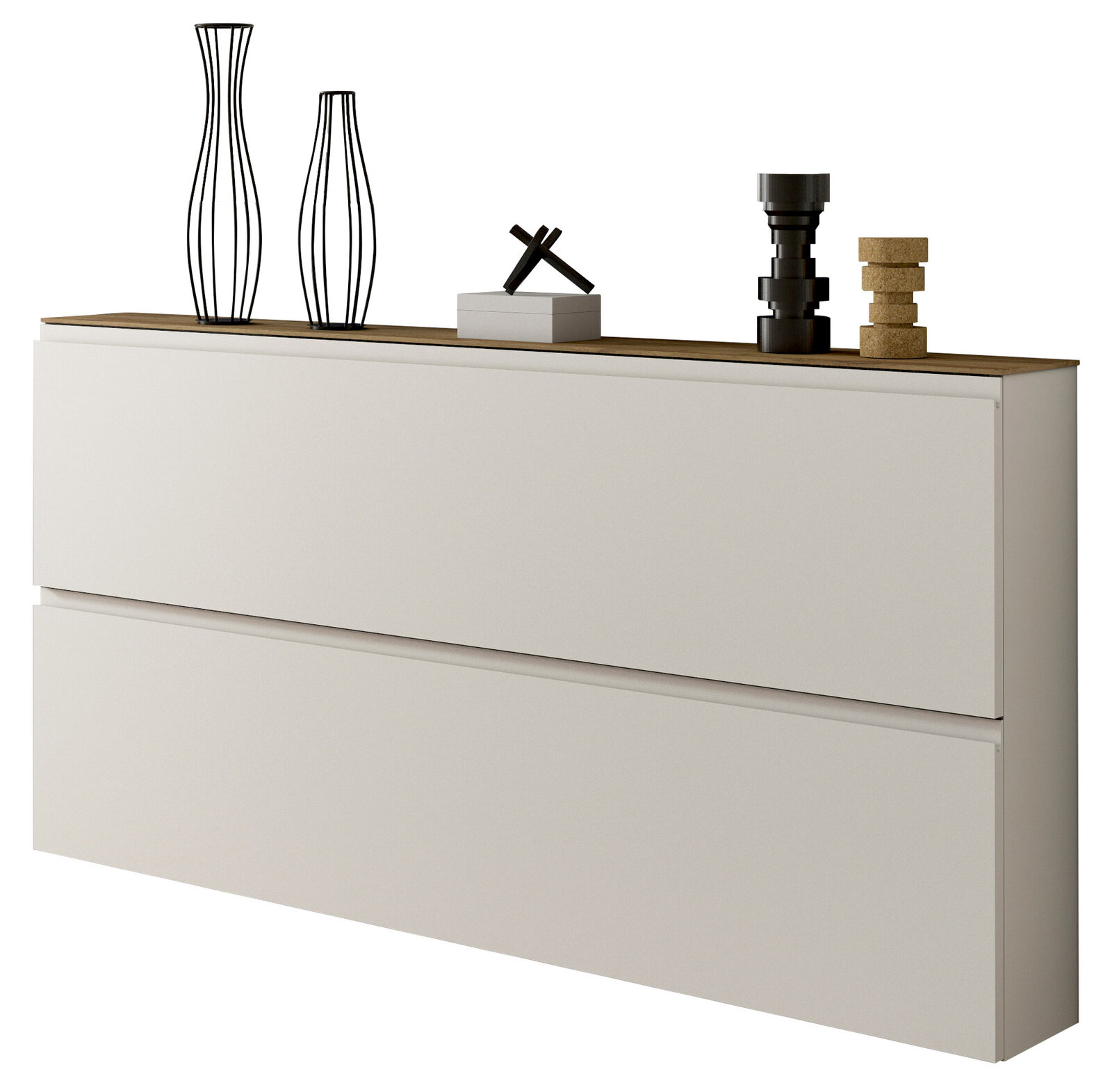 Moderano XL-Hängeschuhschrank LECCO Moderner XL-Hängeschuhschrank mit zwei Schubladen, dekoriert mit minimalistischen Vasen und Objekten auf der Oberseite, seitliche Perspektive.