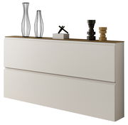 Moderner XL-Hängeschuhschrank mit zwei Schubladen, dekoriert mit minimalistischen Vasen und Objekten auf der Oberseite, seitliche Perspektive.