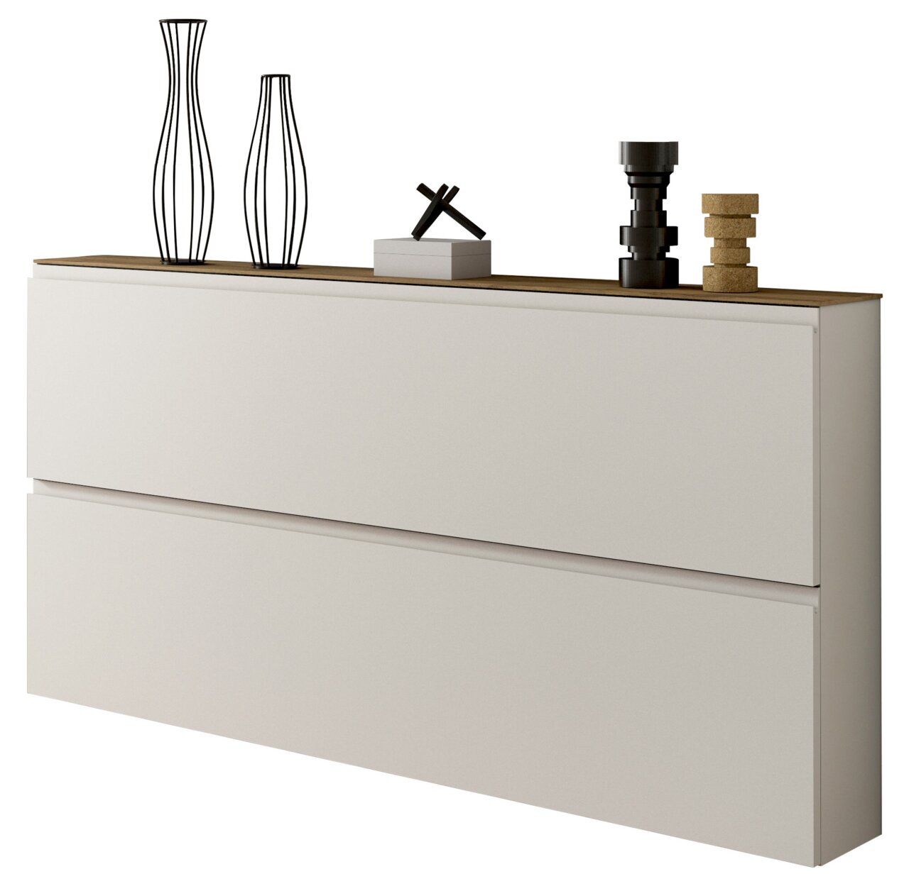 Moderano XL-Hängeschuhschrank LECCO Moderner XL-Hängeschuhschrank mit zwei Schubladen, dekoriert mit minimalistischen Vasen und Objekten auf der Oberseite, seitliche Perspektive.