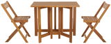 Balkon-Set aus Holz mit einem Tisch und zwei Klappstühlen, seitliche Perspektive