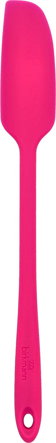 Schmaler, pinker Teigschaber aus Silikon, von oben betrachtet.