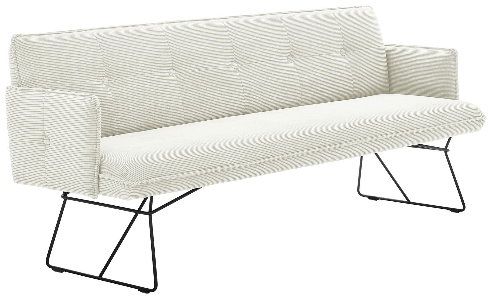 Dreier-Sitzer-Sofa in hellgrauem Stoff mit feinen Streifen, schwarzem Metallgestell, seitliche Perspektive