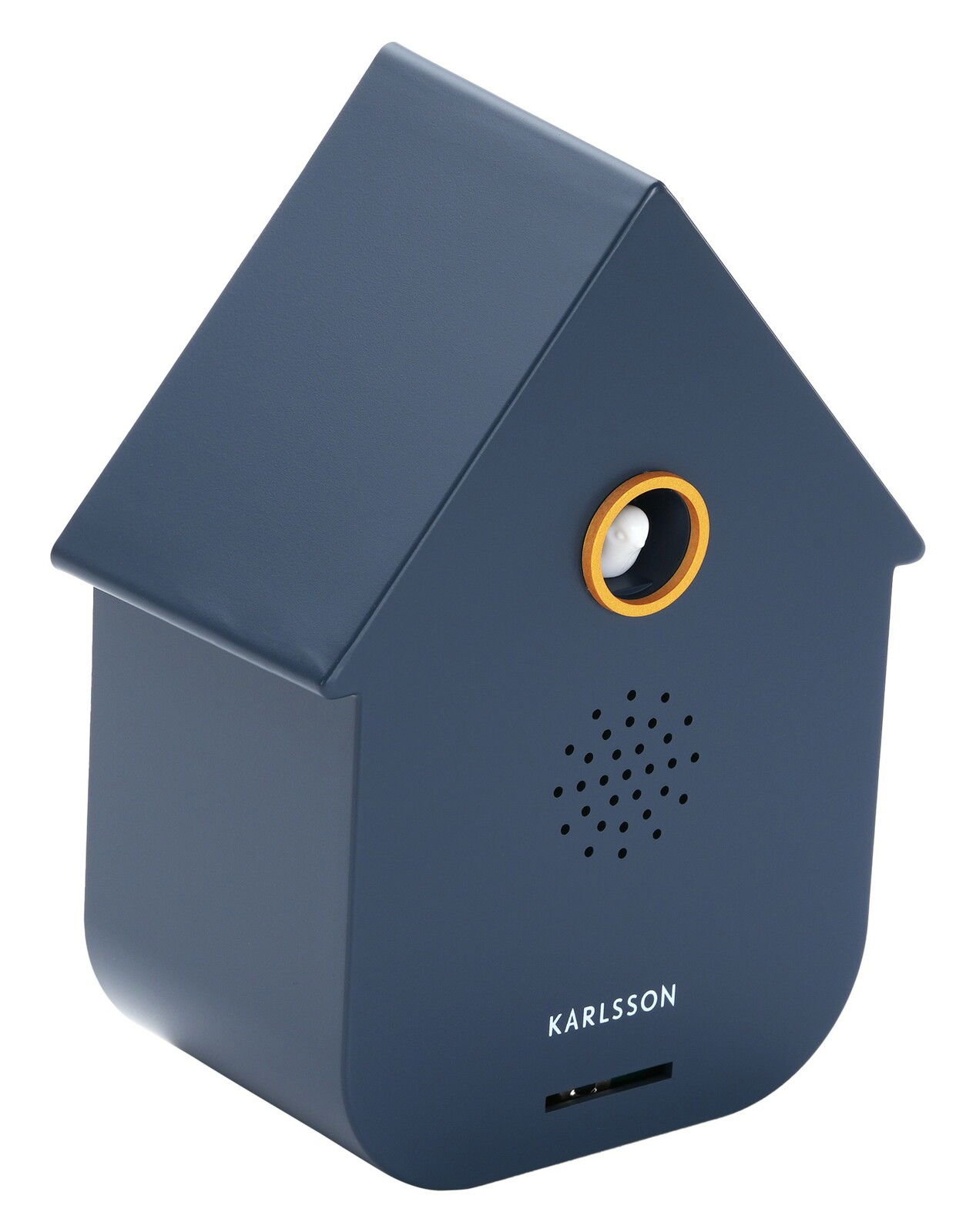 Dunkelblaue Soundbox in Form eines Hauses mit einem goldenen Ring um den Lautsprecher, seitliche Perspektive