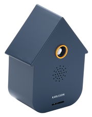 Dunkelblaue Soundbox in Form eines Hauses mit einem goldenen Ring um den Lautsprecher, seitliche Perspektive