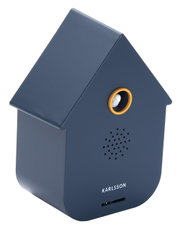 Dunkelblaue Soundbox in Form eines Hauses mit einem goldenen Ring um den Lautsprecher, seitliche Perspektive