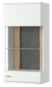 Moderne Hängevitrine in Weiß mit Glastür und Holzrückwand, seitliche Perspektive
