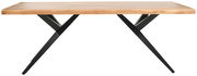 Moderner Esstisch mit Holzplatte und schwarzen Metallbeinen, Seitenansicht