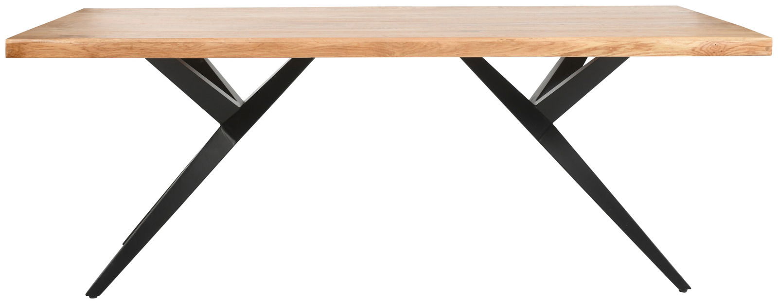 Moderner Esstisch mit Holzplatte und schwarzen Metallbeinen, Seitenansicht