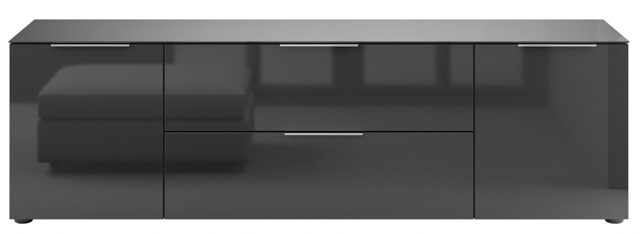 Modernes TV-Lowboard in Hochglanzoptik, frontal abgebildet mit zwei Türen und einer Schublade in der Mitte.