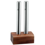 Modernes Salz- und Pfeffer-Set aus Edelstahl mit Holzsockel, frontal abgebildet.