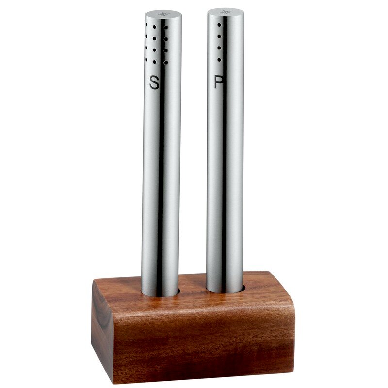 WMF Zout- en peperstel, 2-delig Modernes Salz- und Pfeffer-Set aus Edelstahl mit Holzsockel, frontal abgebildet.