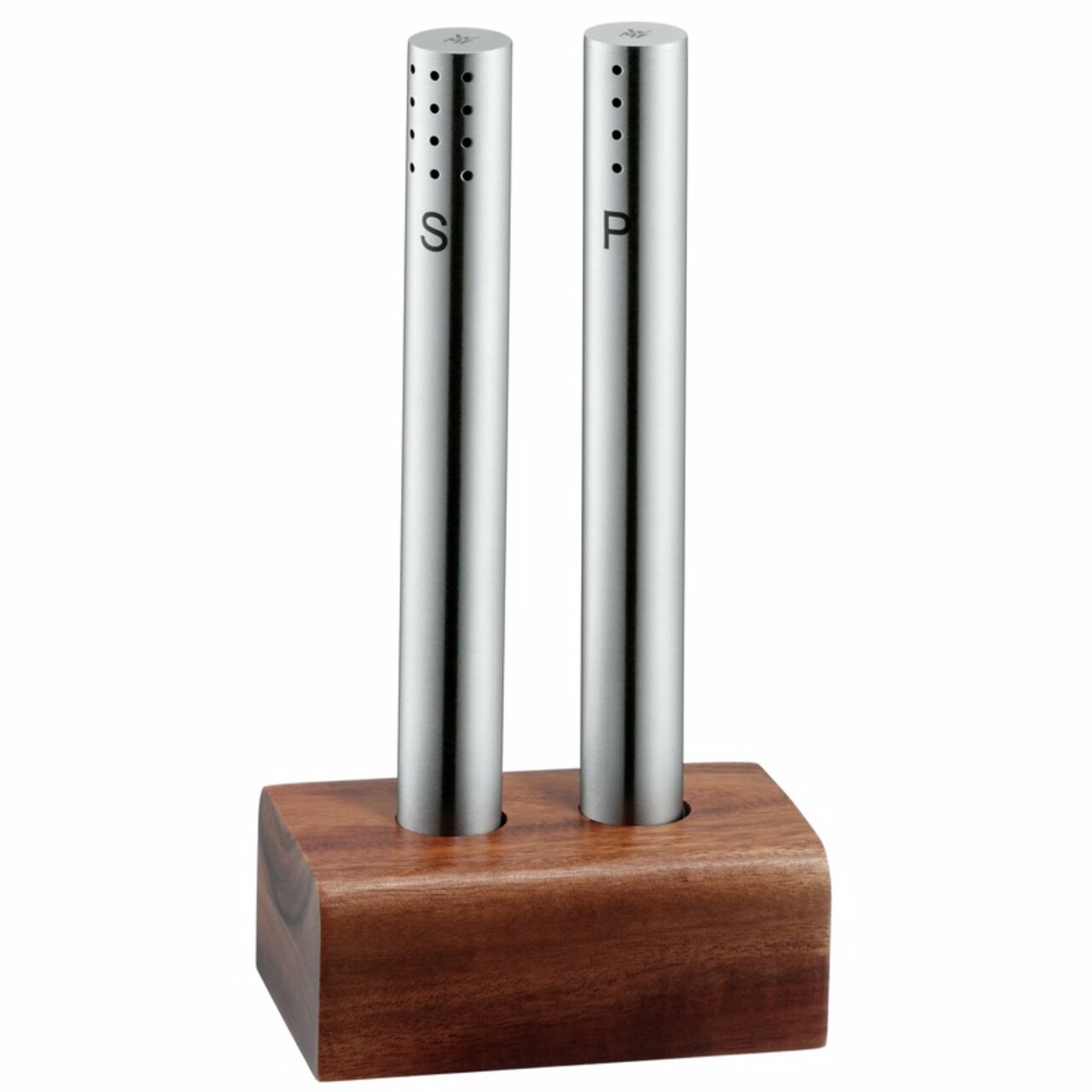 Modernes Salz- und Pfeffer-Set aus Edelstahl mit Holzsockel, frontal abgebildet.