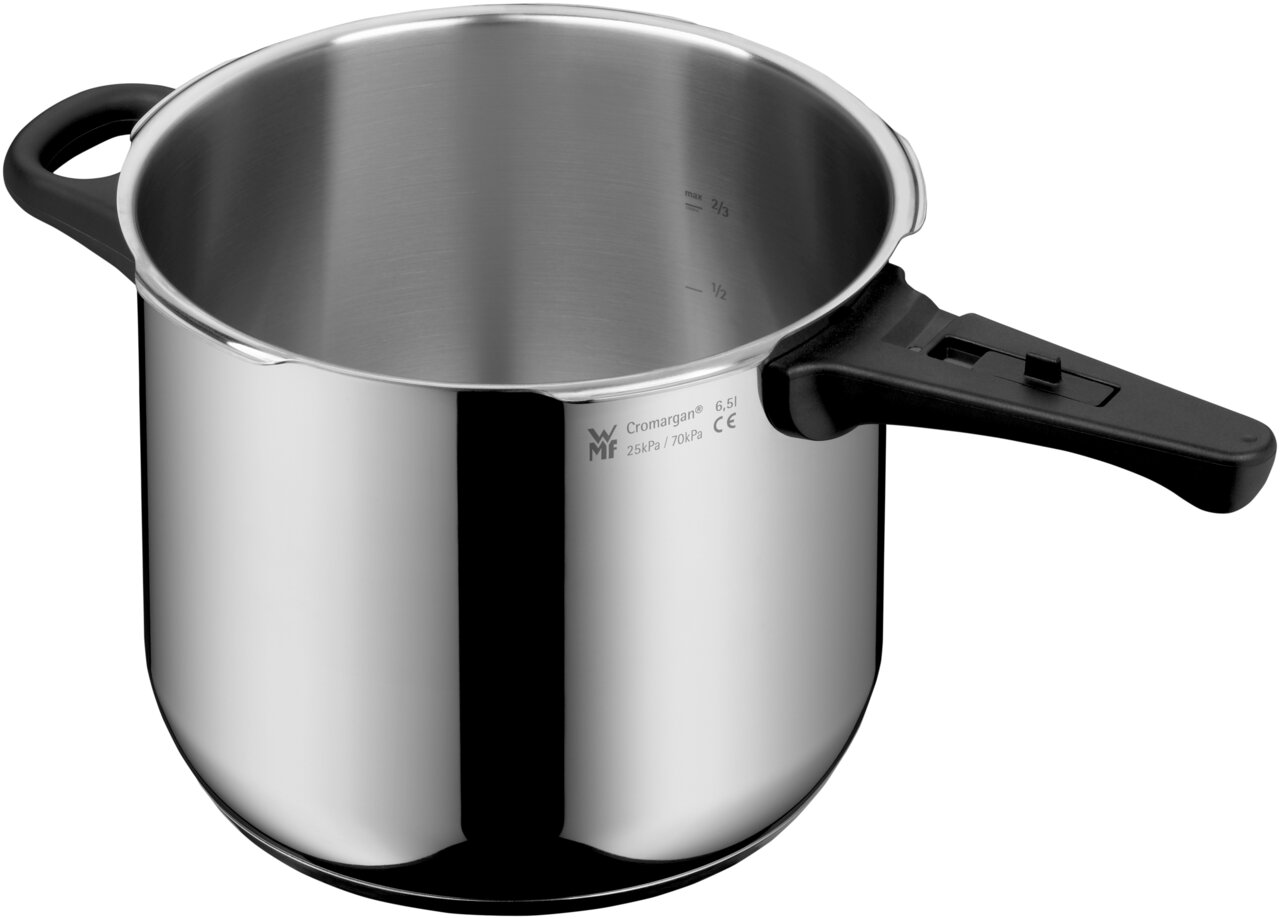 Schnellkochtopf Perfect 6,5L aus Edelstahl, seitliche Perspektive mit Griff und Skala im Inneren sichtbar