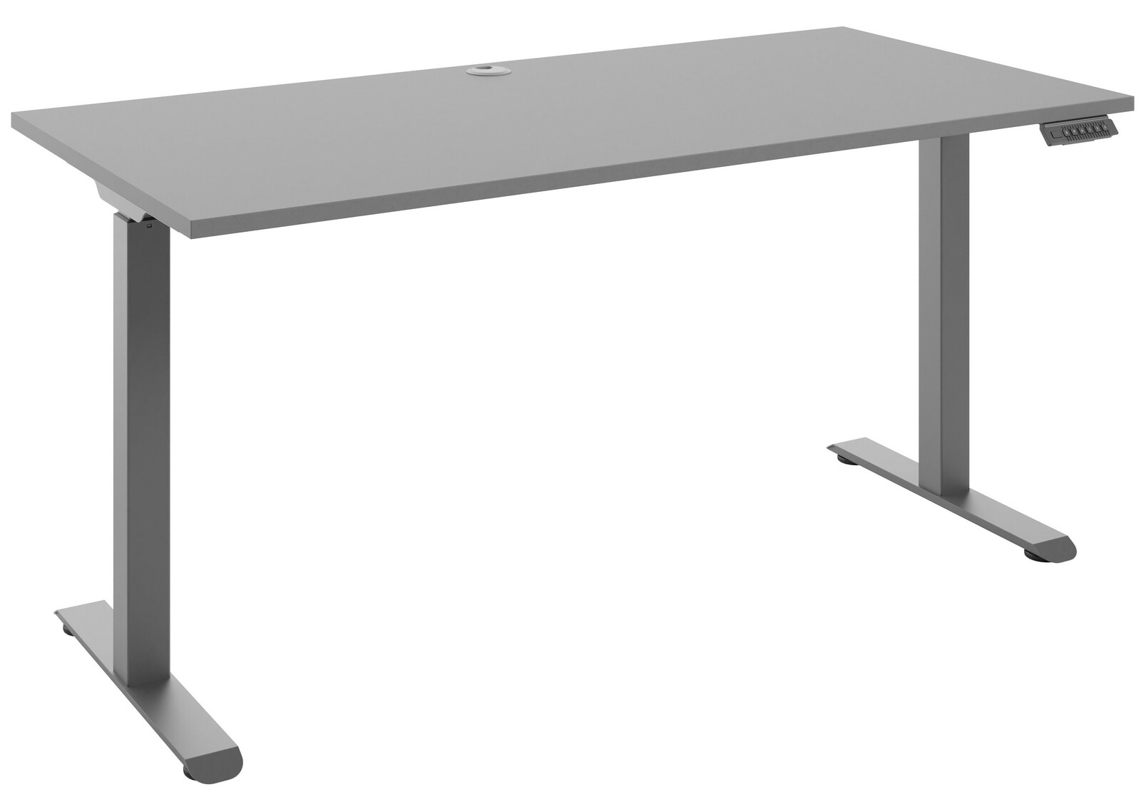 Moderner grauer E-Schreibtisch mit rechteckiger Tischplatte und höhenverstellbaren Beinen, seitliche Perspektive