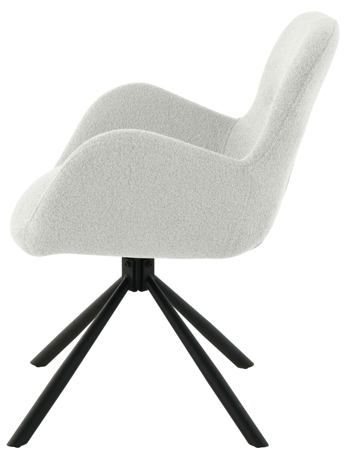 Seitenansicht eines modernen Armlehnstuhls mit hellgrauem Stoffbezug und schwarzen Metallbeinen.