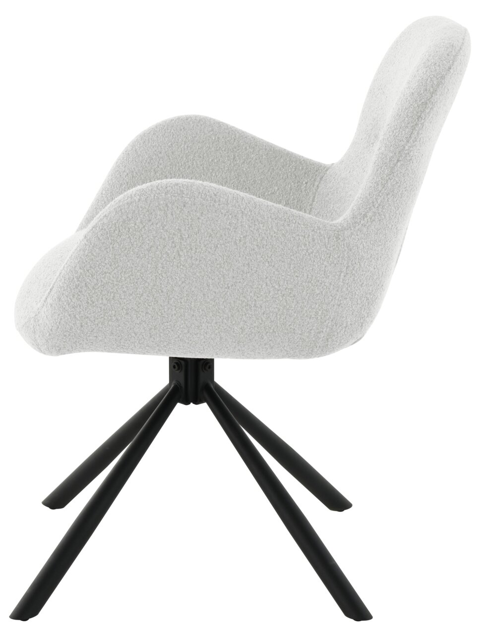 Zijaanzicht van een moderne fauteuil met een lichtgrijze stoffen bekleding en zwarte metalen poten.