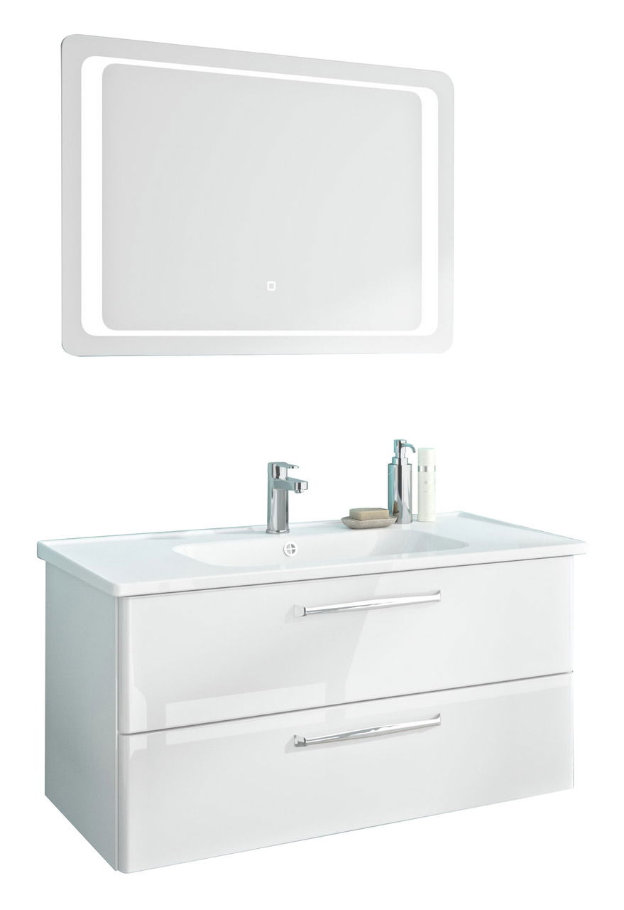 Moderner Badblock mit beleuchtetem Spiegel und Waschbecken, Frontalansicht