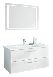 Moderner Badblock mit beleuchtetem Spiegel und Waschbecken, Frontalansicht