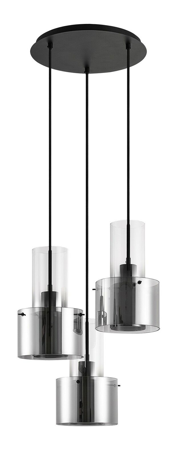 Moderne Hängeleuchte mit drei zylindrischen, rauchgrauen Glasschirmen, von oben betrachtet.