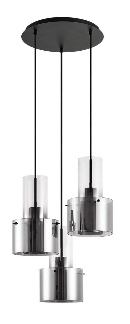 Moderne hanglamp met drie cilindervormige, rookgrijze glazen kappen, gezien van bovenaf.