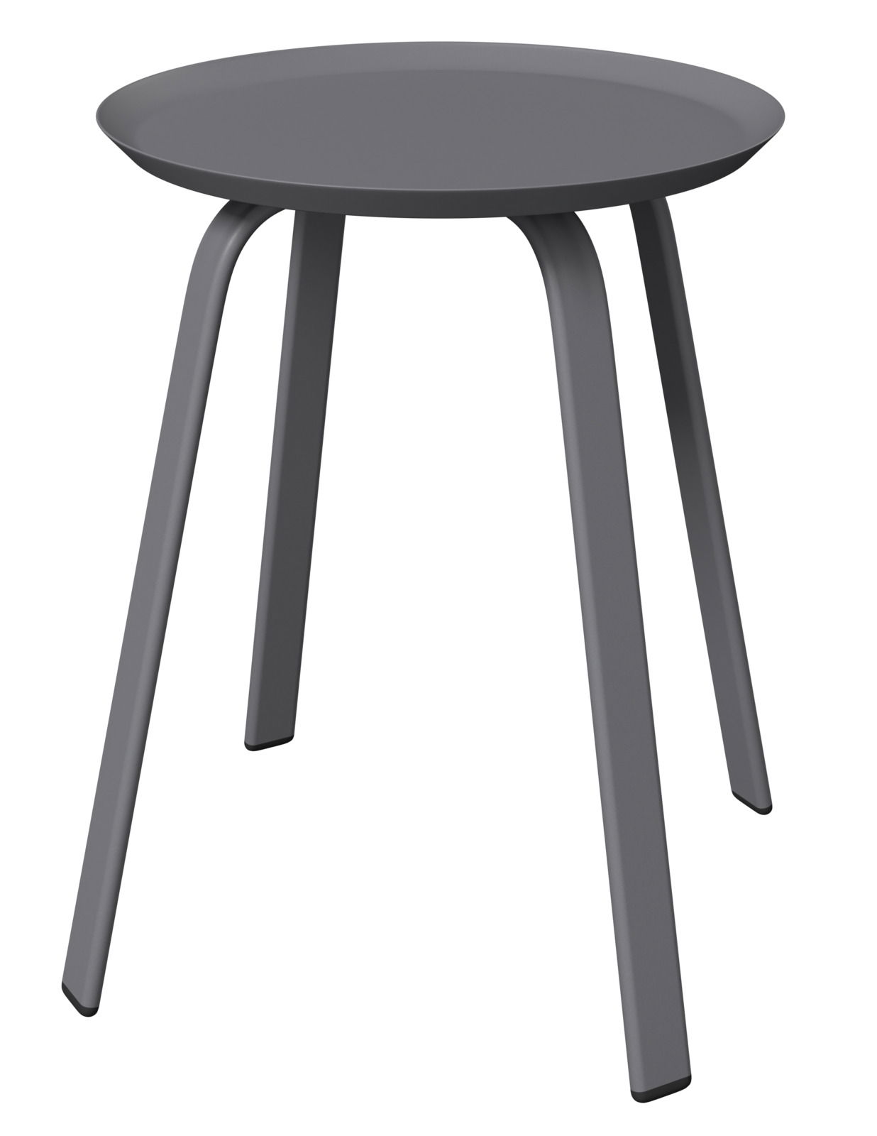 Moderner grauer Beistelltisch mit runder Tischplatte und vier leicht gebogenen Beinen, seitliche Perspektive.