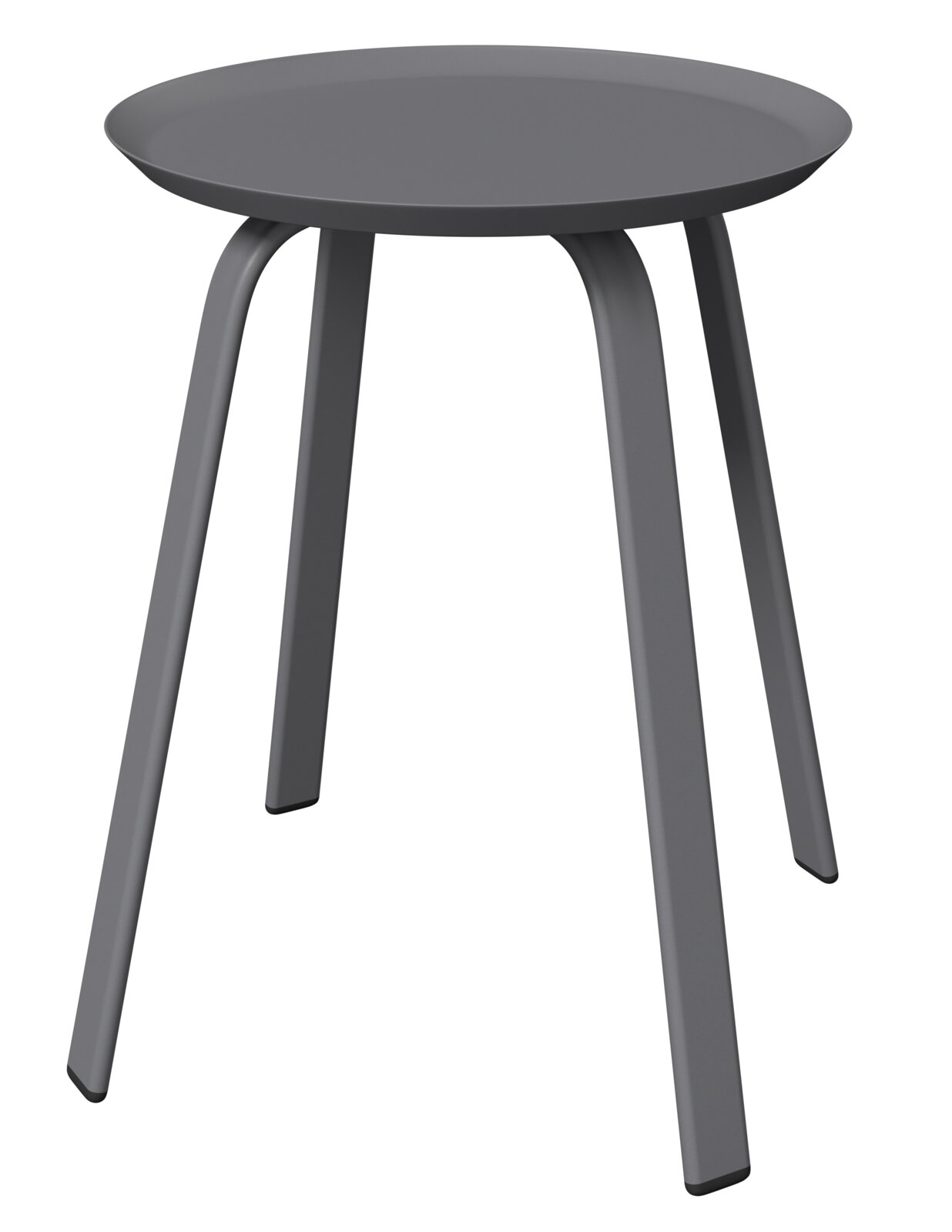 Ambia Garden Beistelltisch KATI Moderner grauer Beistelltisch mit runder Tischplatte und vier leicht gebogenen Beinen, seitliche Perspektive.