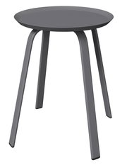 Moderner grauer Beistelltisch mit runder Tischplatte und vier leicht gebogenen Beinen, seitliche Perspektive.