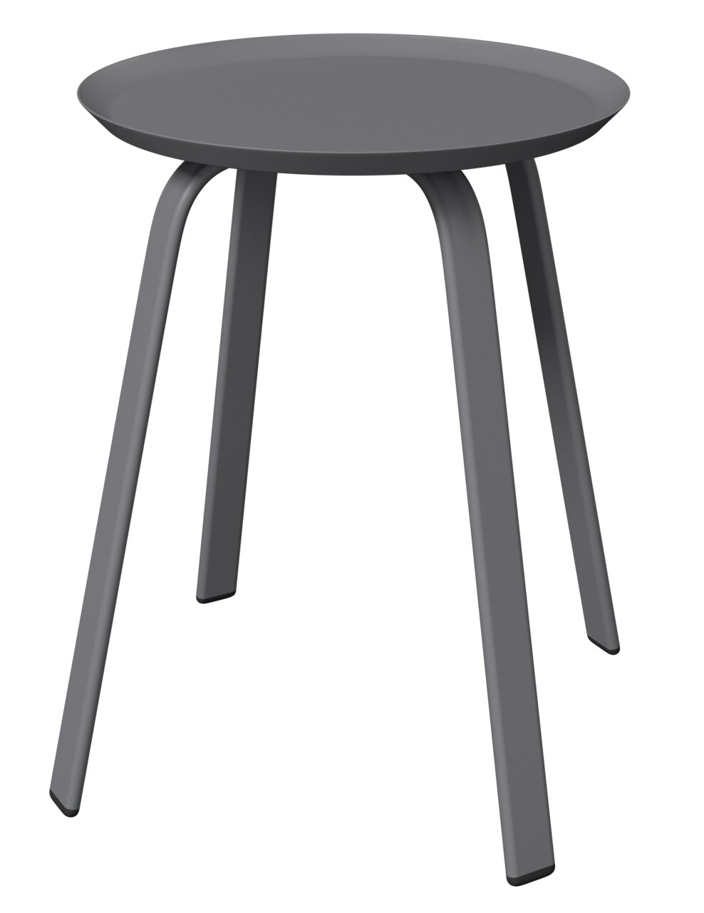 Ambia Garden Beistelltisch KATI Moderner grauer Beistelltisch mit runder Tischplatte und vier leicht gebogenen Beinen, seitliche Perspektive.