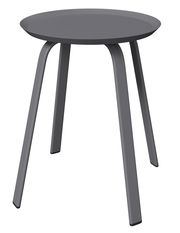 Moderner grauer Beistelltisch mit runder Tischplatte und vier leicht gebogenen Beinen, seitliche Perspektive.